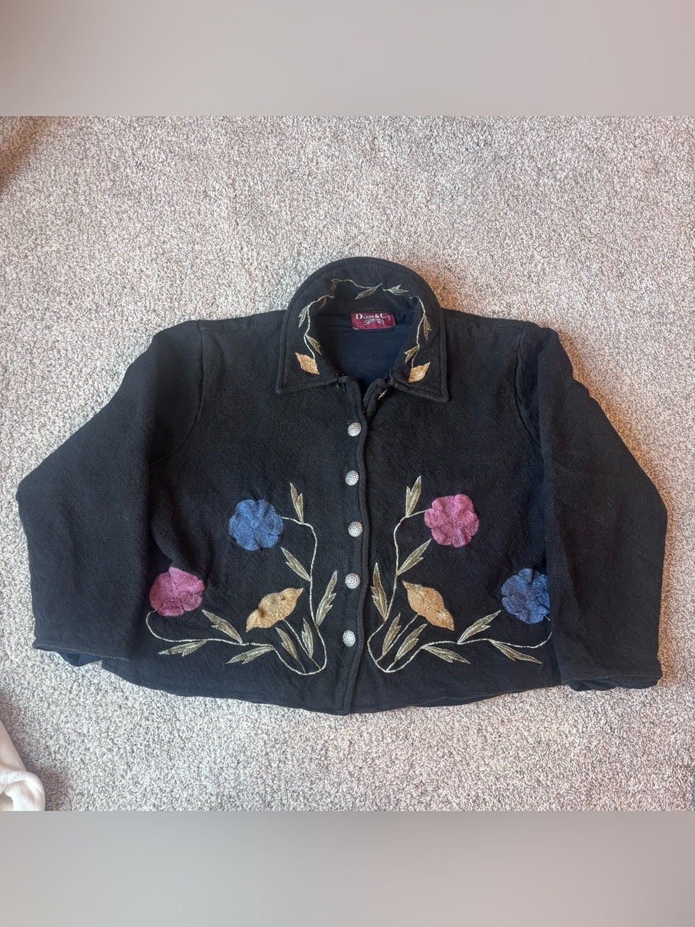Vintage Denim & Co Black Fleece Floral Embroidered Button Front Jacket
